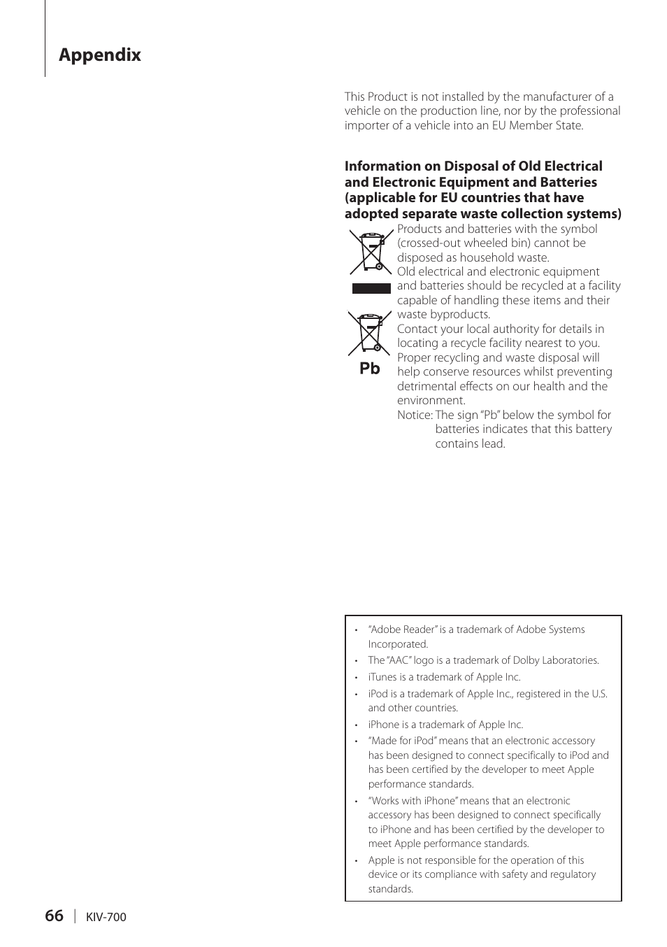 Appendix | Kenwood KIV-700 User Manual | Page 66 / 76