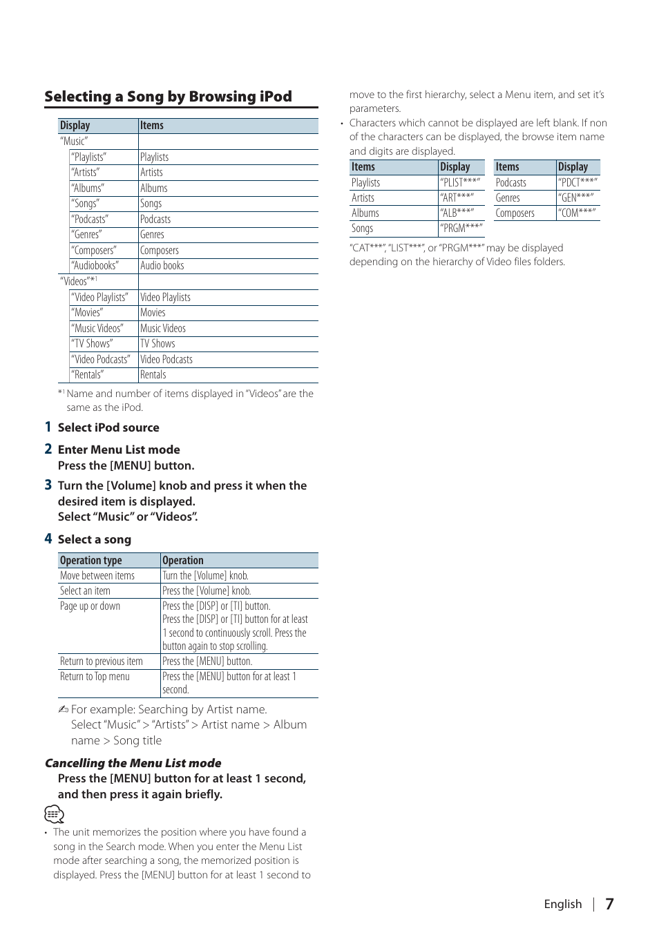 Selecting a song by browsing ipod | Kenwood KIV-700 User Manual | Page 7 / 76