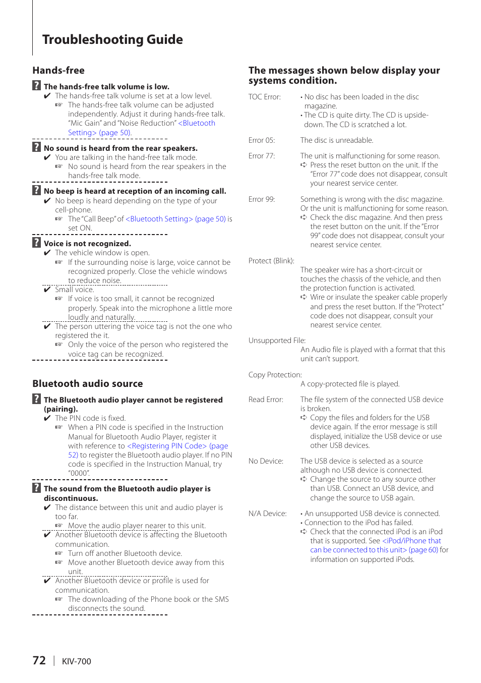 Troubleshooting guide, Hands-free, Bluetooth audio source | Kenwood KIV-700 User Manual | Page 72 / 76