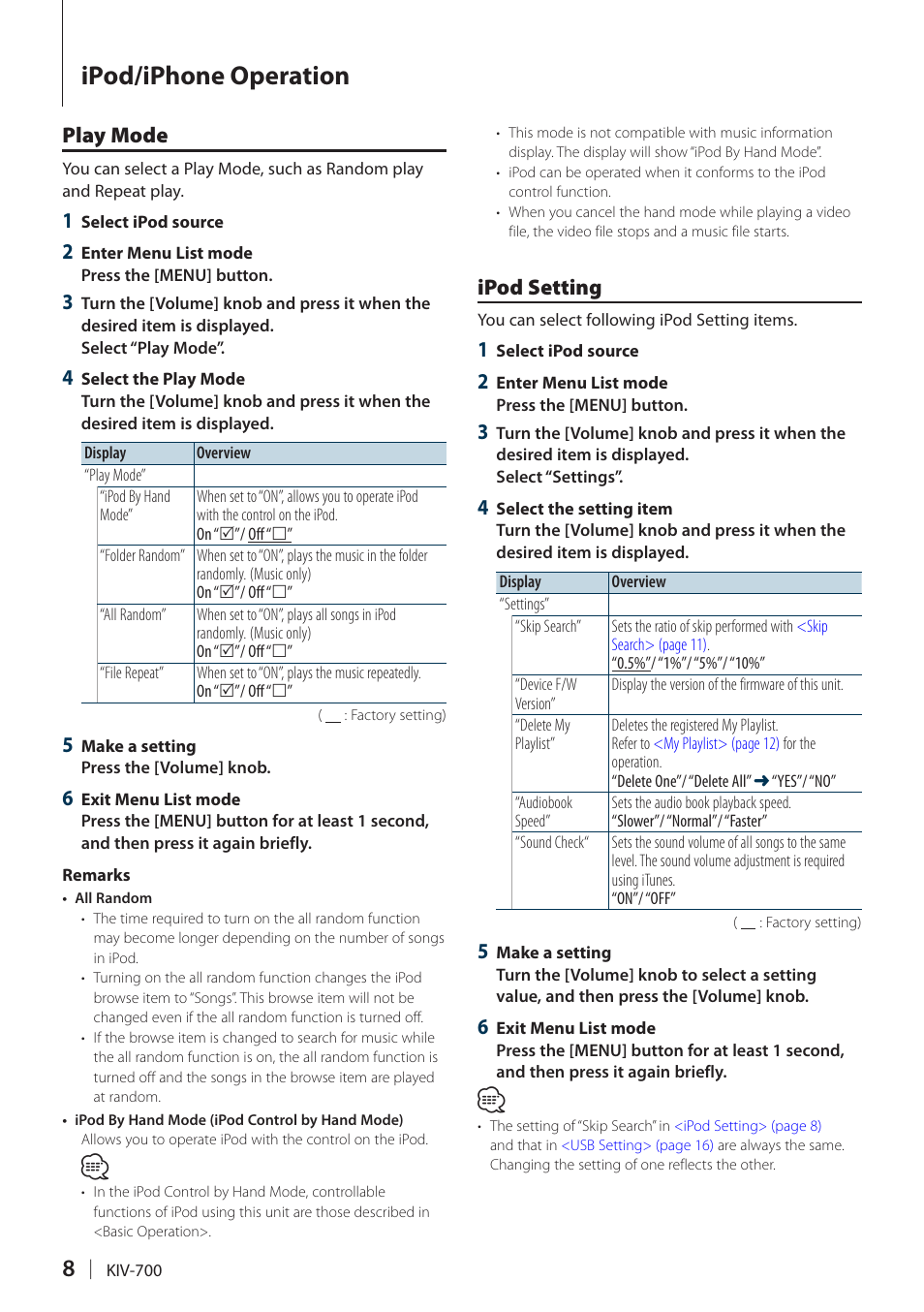 Play mode, Ipod setting, Play mode ipod setting | Ipod/iphone operation | Kenwood KIV-700 User Manual | Page 8 / 76