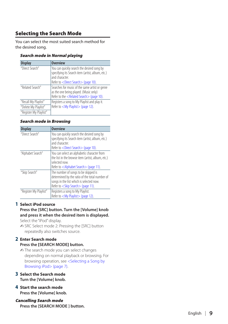 Selecting the search mode | Kenwood KIV-700 User Manual | Page 9 / 76