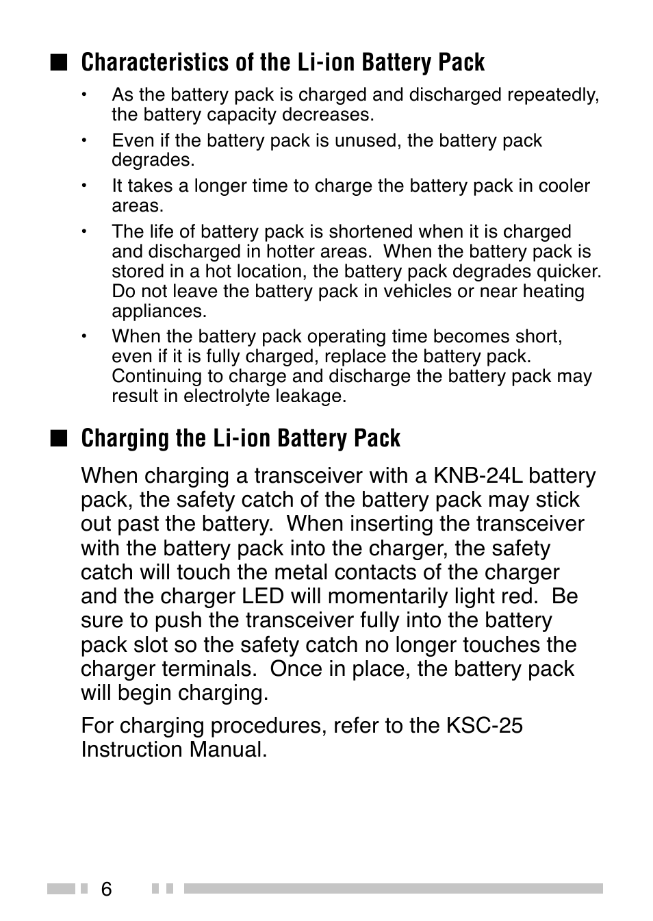 Characteristics of the li-ion battery pack, Charging the li-ion battery pack | Kenwood TK-2140E User Manual | Page 10 / 31