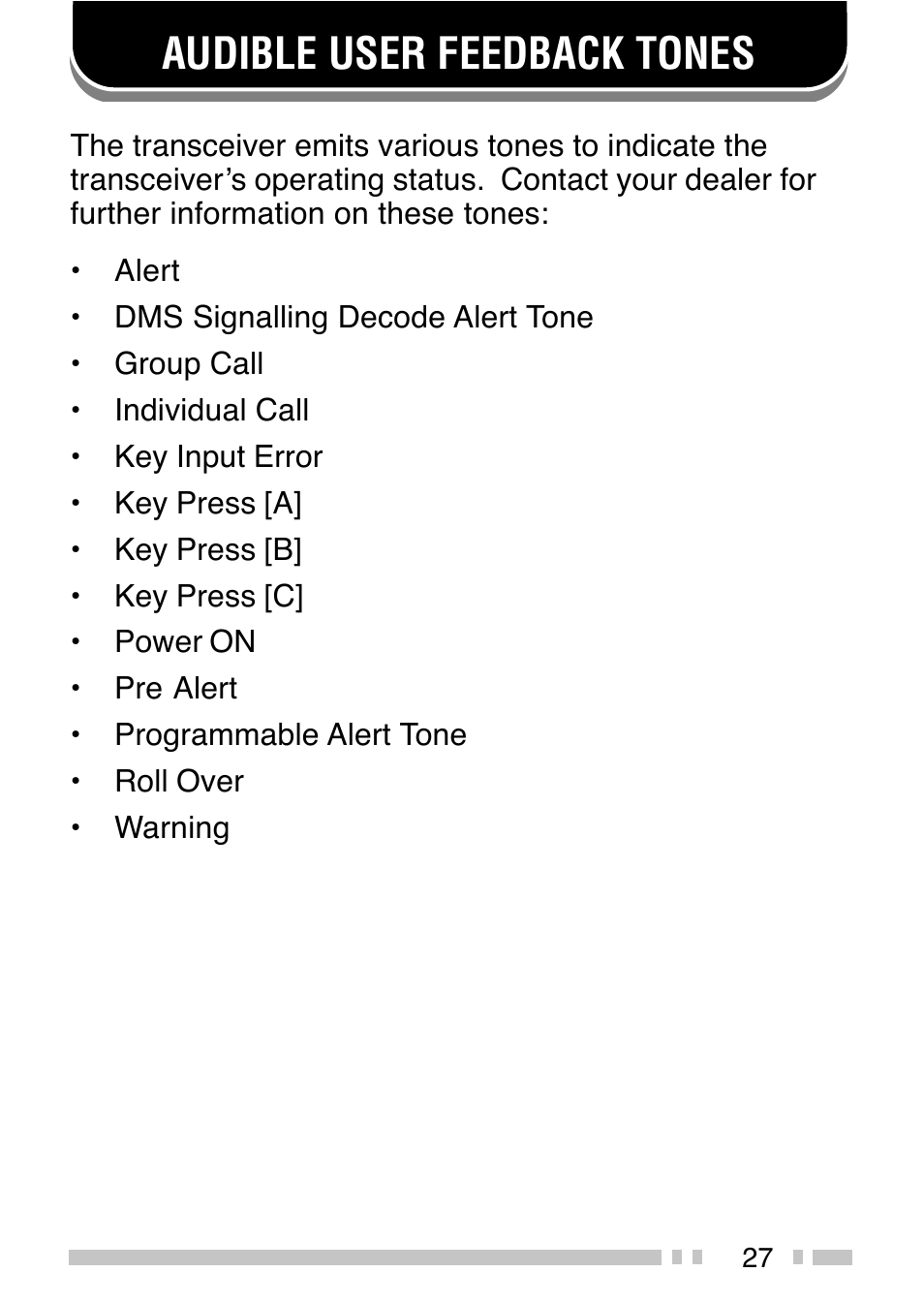 Audible user feedback tones | Kenwood TK-2140E User Manual | Page 31 / 31