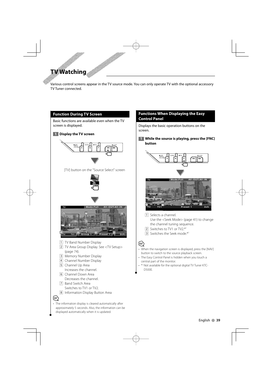 Tv watching, Function during tv screen, Functions when displaying the easy control panel | Kenwood KVT-524DVD User Manual | Page 39 / 96