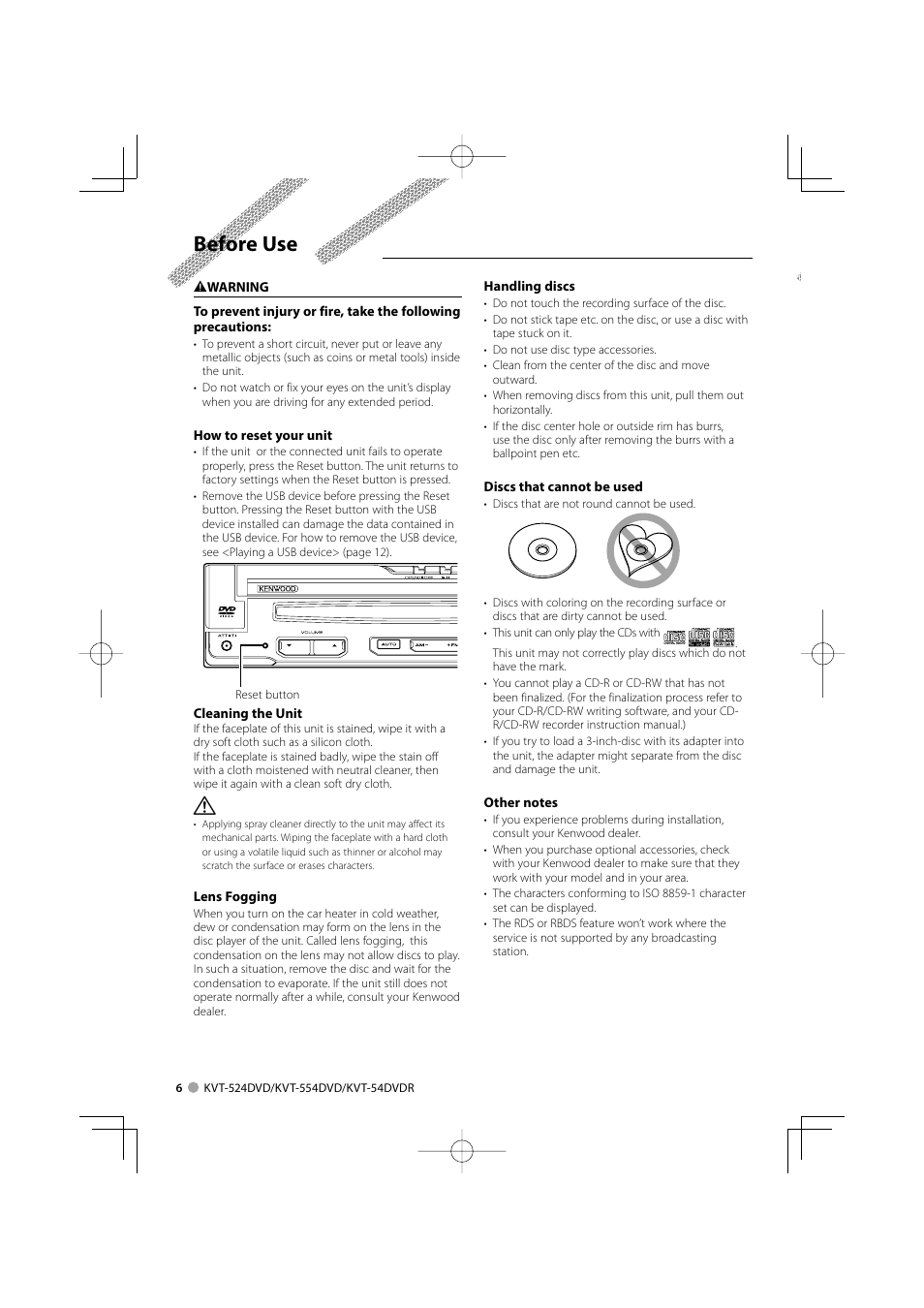 Before use | Kenwood KVT-524DVD User Manual | Page 6 / 96
