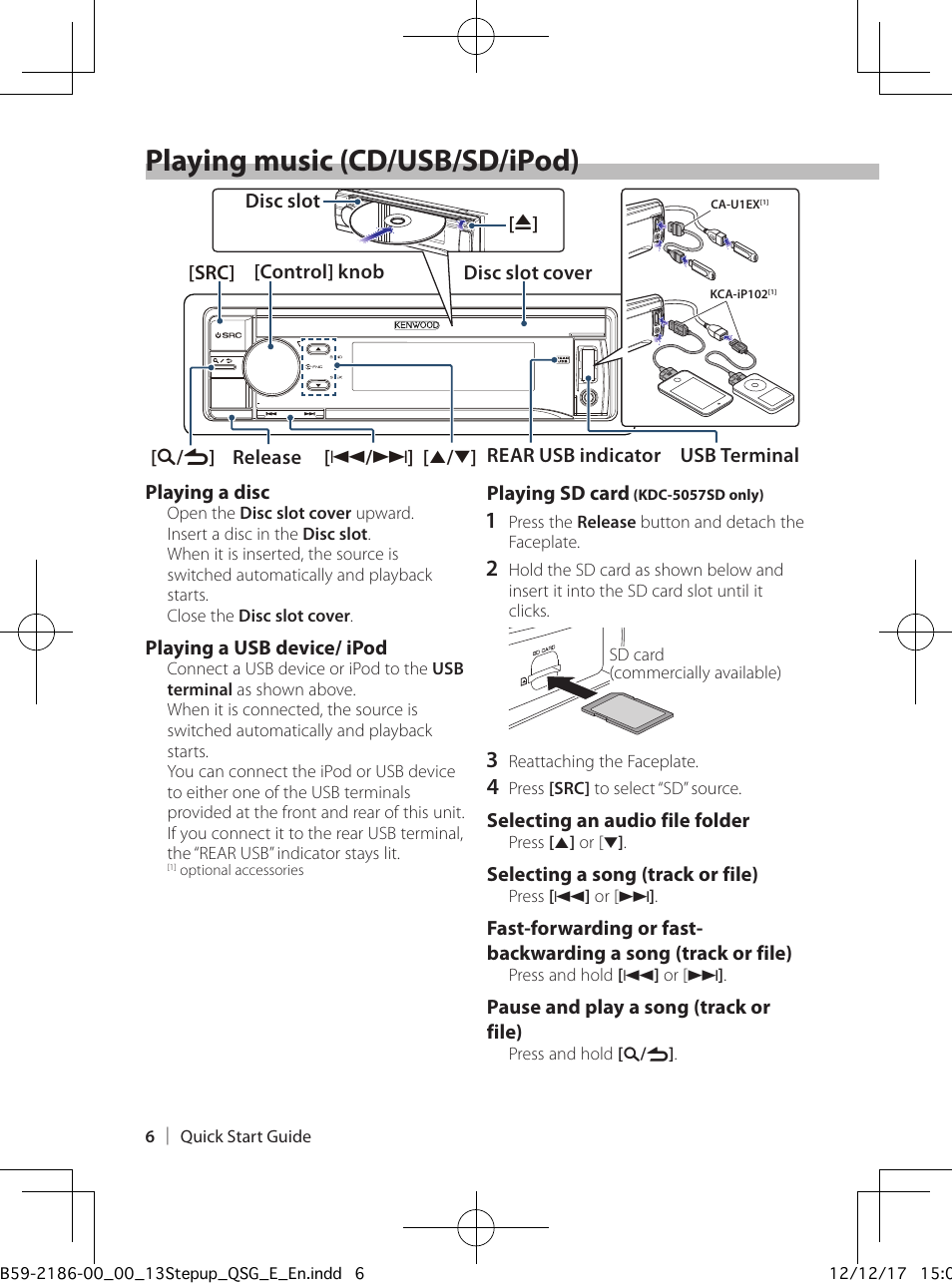 Playing music (cd/usb/sd/ipod) | Kenwood KDC-BT53U User Manual | Page 6 / 20