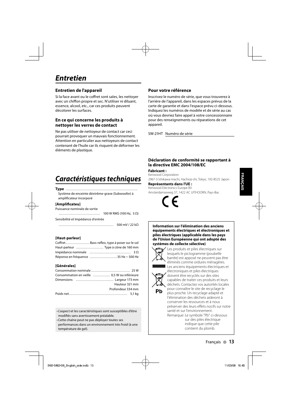 Entretien, Caractéristiques techniques | Kenwood SW-21HT User Manual | Page 13 / 40