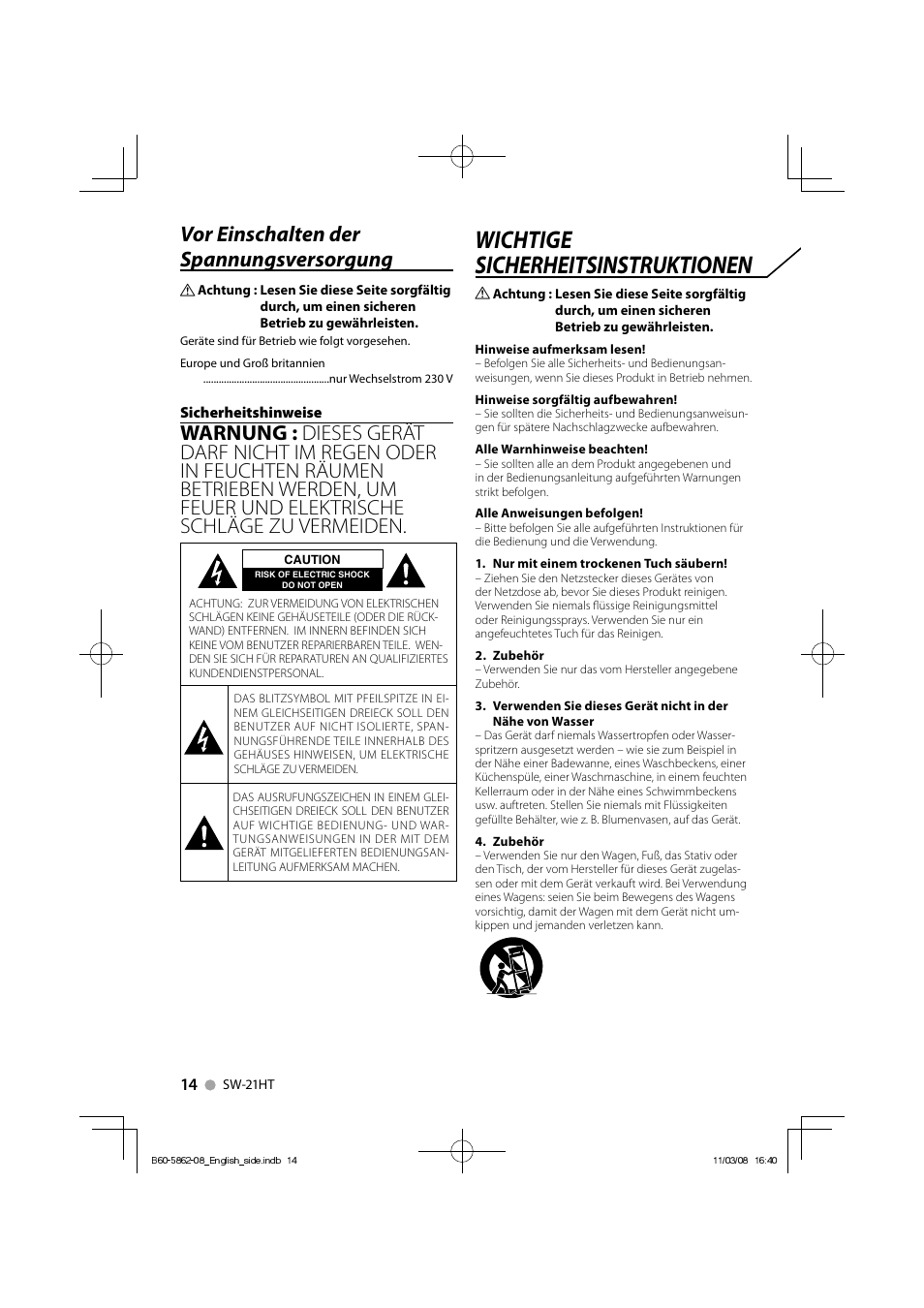 Wichtige sicherheitsinstruktionen, Vor einschalten der spannungsversorgung | Kenwood SW-21HT User Manual | Page 14 / 40