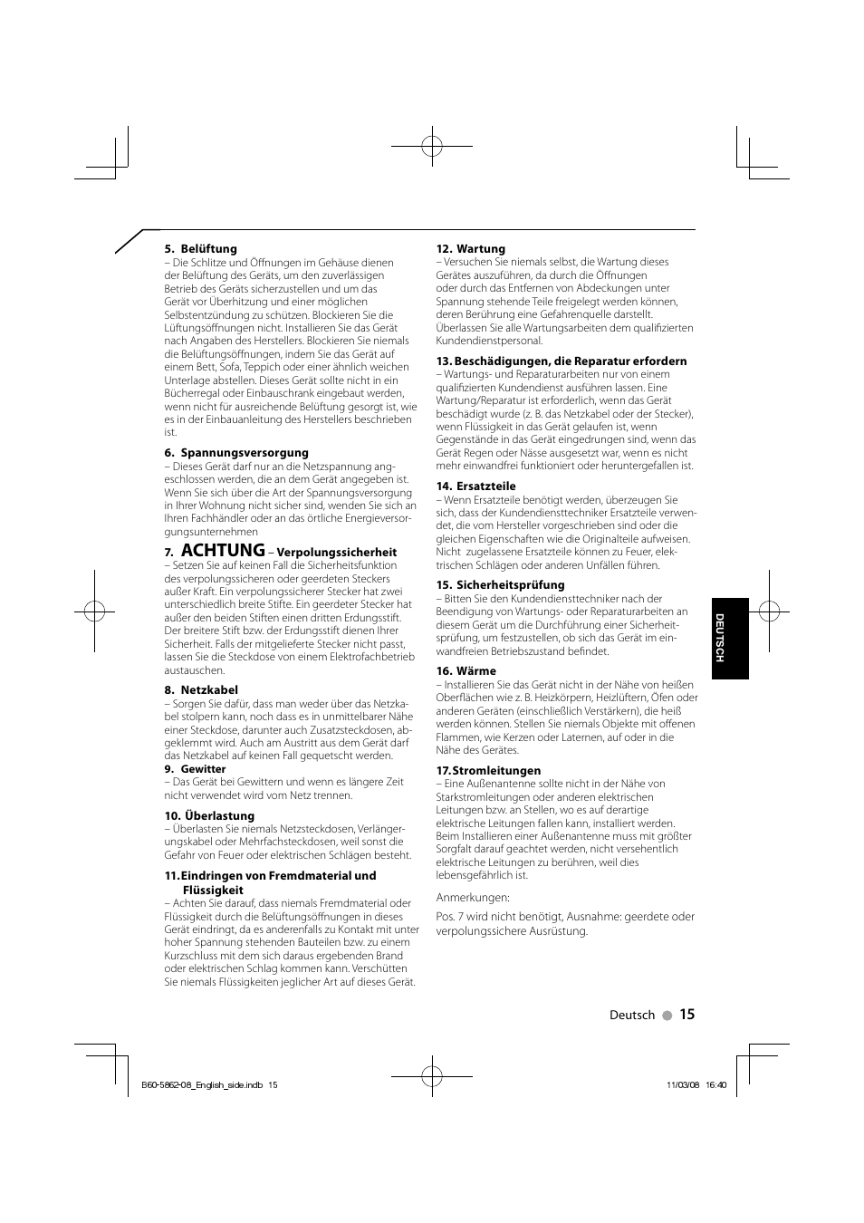 Achtung | Kenwood SW-21HT User Manual | Page 15 / 40