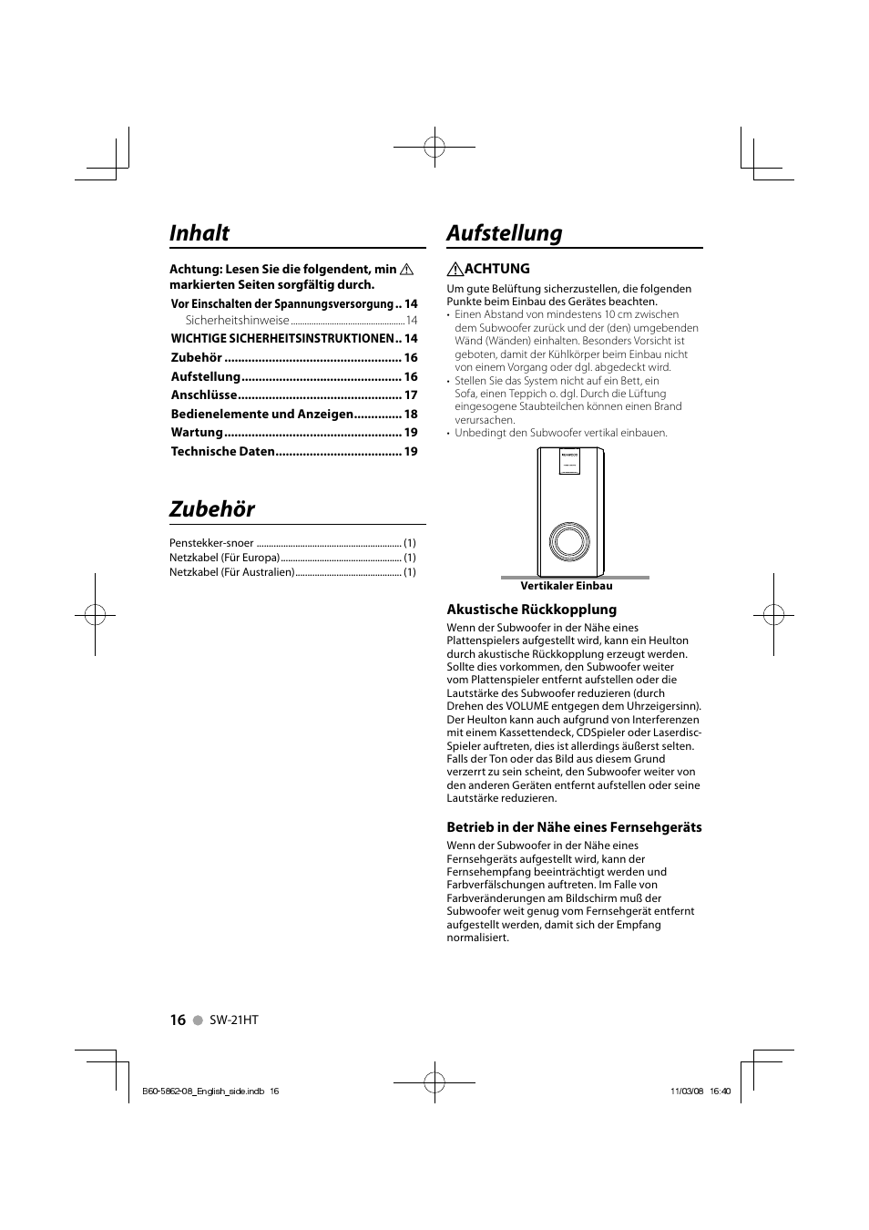 Inhalt, Zubehör, Aufstellung | Kenwood SW-21HT User Manual | Page 16 / 40