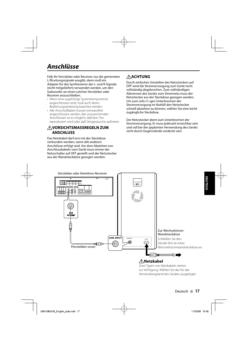 Anschlüsse | Kenwood SW-21HT User Manual | Page 17 / 40