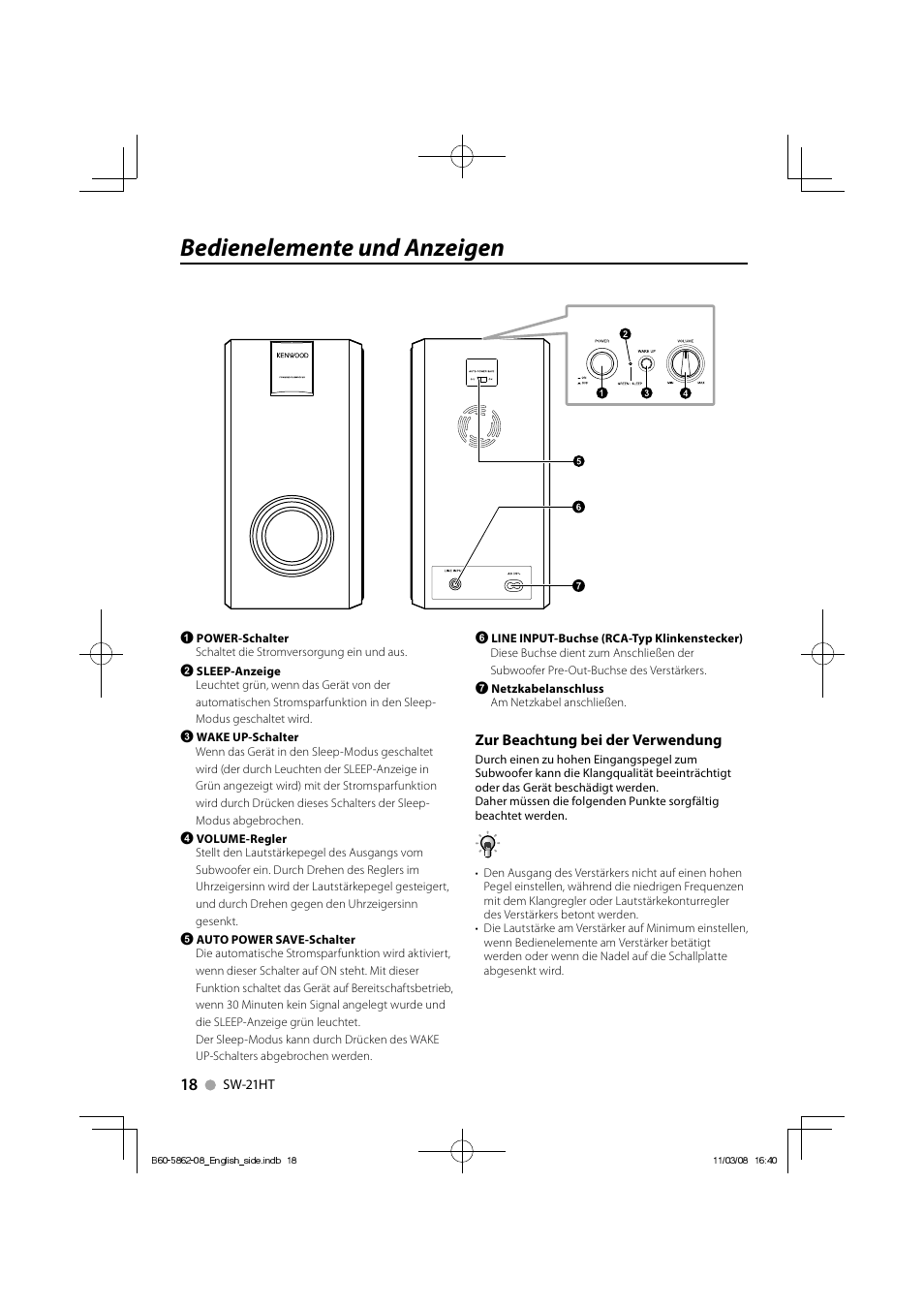 Bedienelemente und anzeigen, Zur beachtung bei der verwendung | Kenwood SW-21HT User Manual | Page 18 / 40