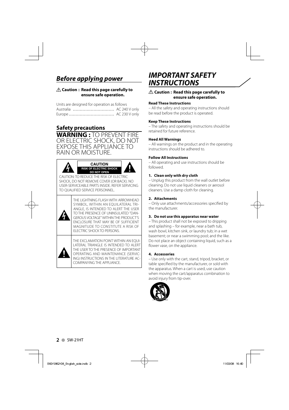 Important safety instructions, Before applying power, Safety precautions | Kenwood SW-21HT User Manual | Page 2 / 40
