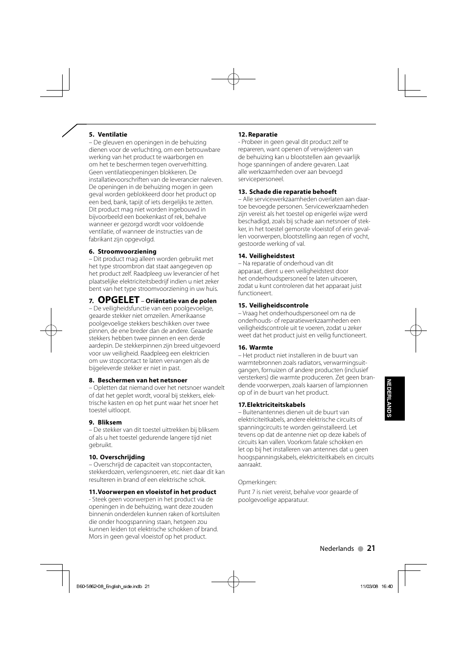 Opgelet | Kenwood SW-21HT User Manual | Page 21 / 40