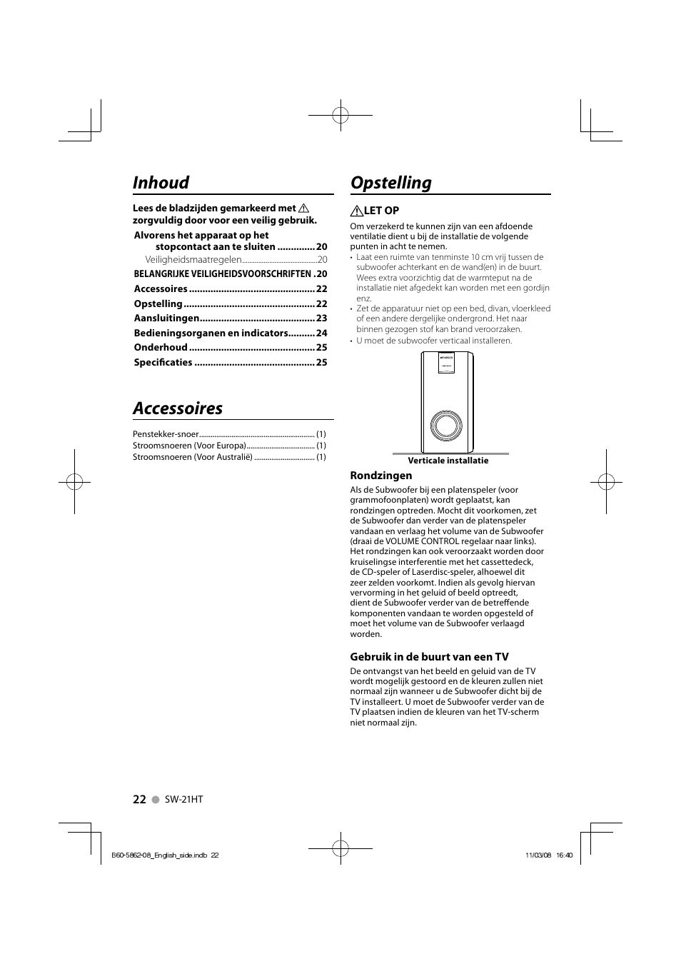 Inhoud, Accessoires, Opstelling | Kenwood SW-21HT User Manual | Page 22 / 40