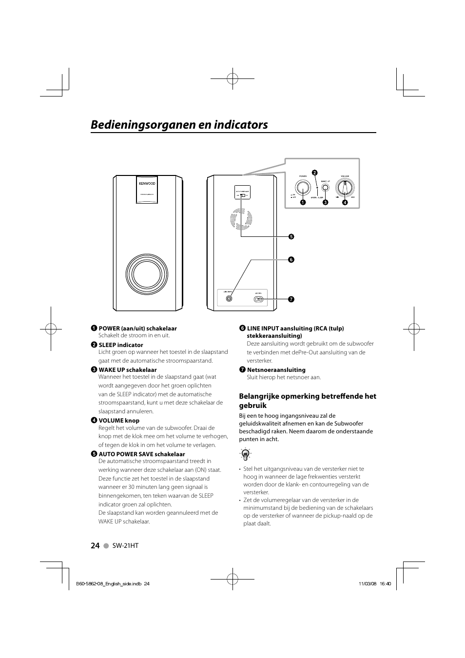 Bedieningsorganen en indicators, Belangrijke opmerking betreff ende het gebruik | Kenwood SW-21HT User Manual | Page 24 / 40