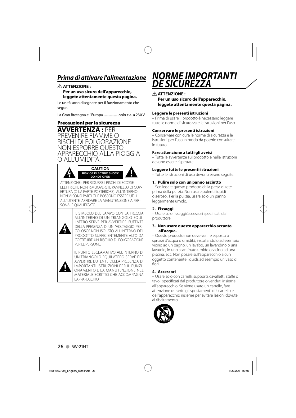 Norme importanti de sicurezza, Prima di attivare l'alimentazione | Kenwood SW-21HT User Manual | Page 26 / 40