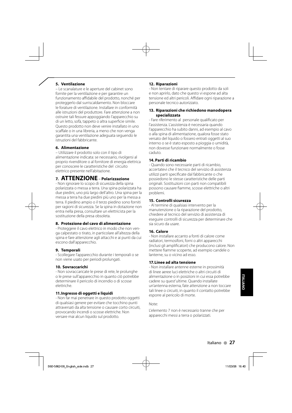 Attenzione | Kenwood SW-21HT User Manual | Page 27 / 40