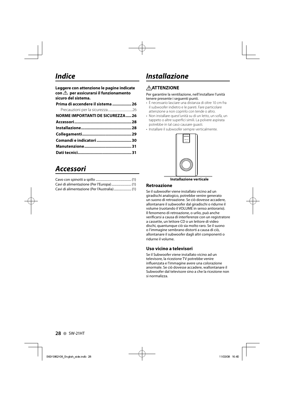 Indice, Accessori, Installazione | Kenwood SW-21HT User Manual | Page 28 / 40