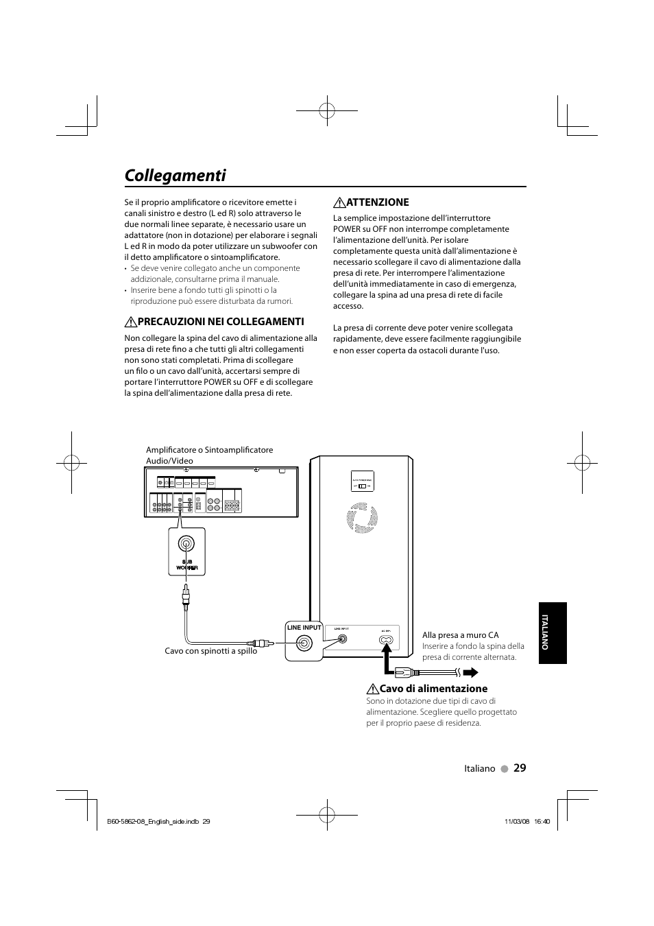 Collegamenti, Precauzioni nei collegamenti, Attenzione | Cavo di alimentazione | Kenwood SW-21HT User Manual | Page 29 / 40