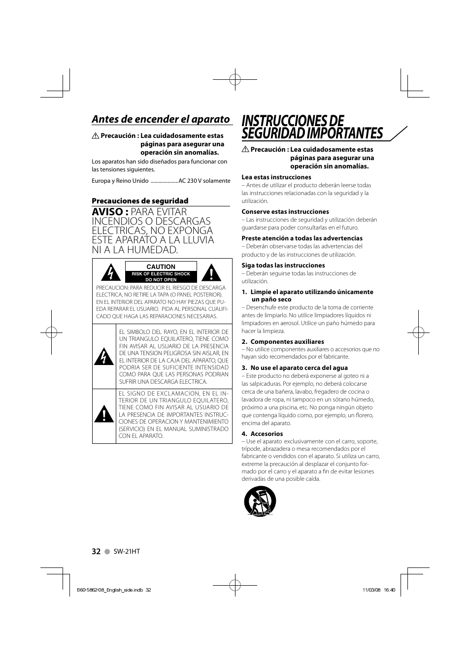 Instrucciones de seguridad importantes, Antes de encender el aparato | Kenwood SW-21HT User Manual | Page 32 / 40