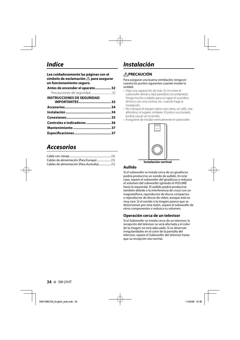 Indice, Accesorios, Instalación | Kenwood SW-21HT User Manual | Page 34 / 40