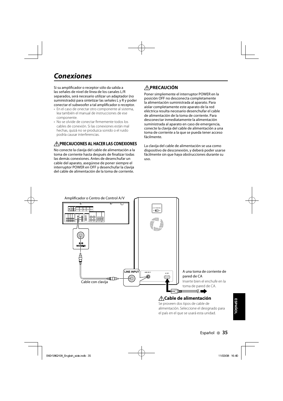 Conexiones, Precauciones al hacer las conexiones, Precaución | Cable de alimentación | Kenwood SW-21HT User Manual | Page 35 / 40