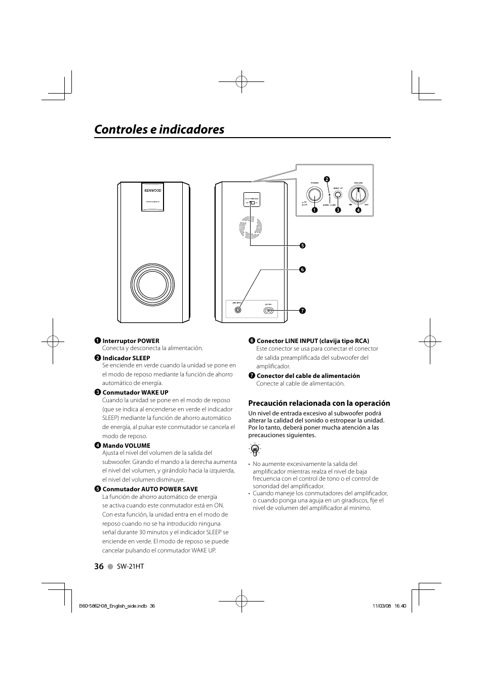 Controles e indicadores, Precaución relacionada con la operación | Kenwood SW-21HT User Manual | Page 36 / 40