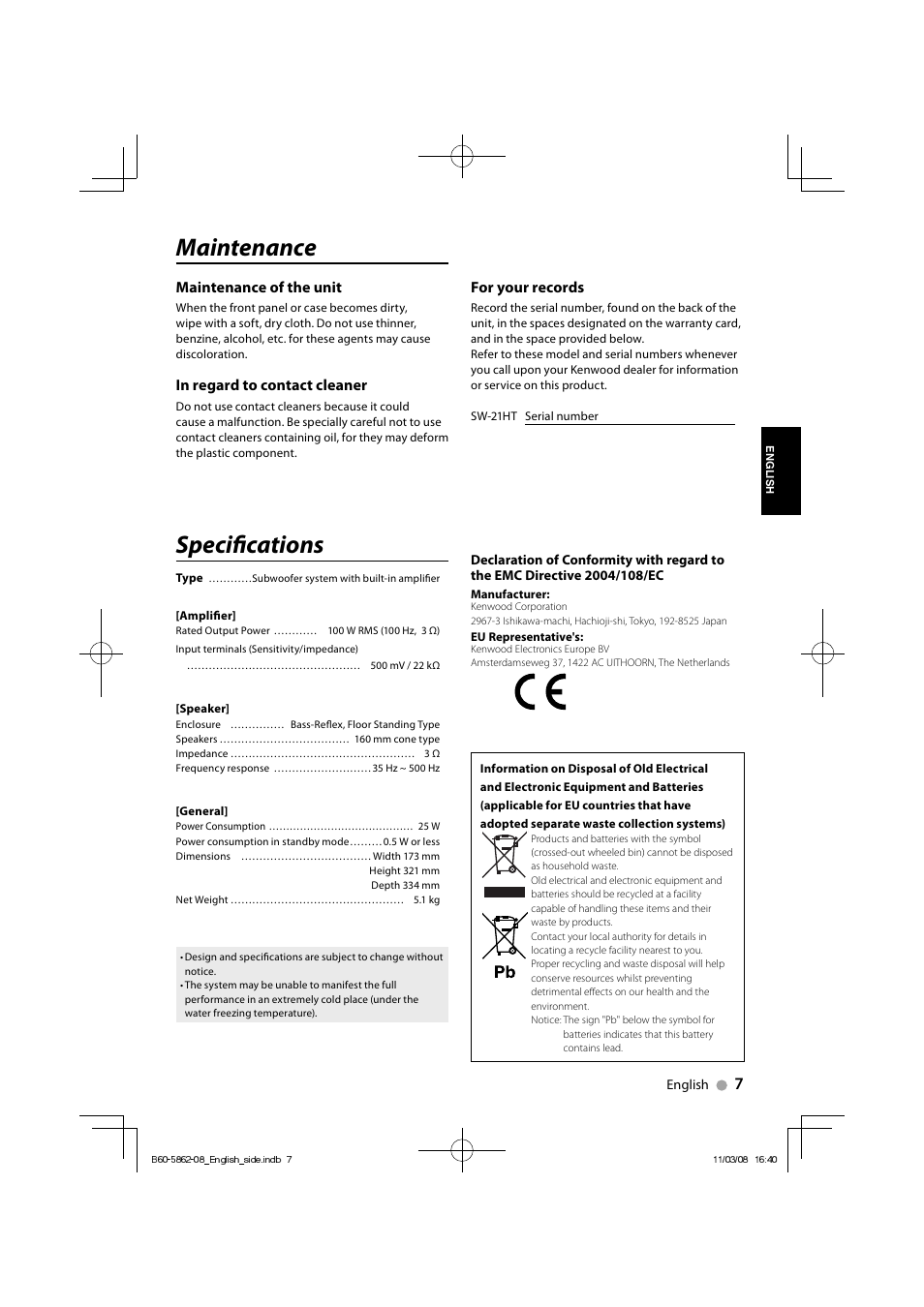 Maintenance, Specifi cations, Maintenance of the unit | For your records | Kenwood SW-21HT User Manual | Page 7 / 40