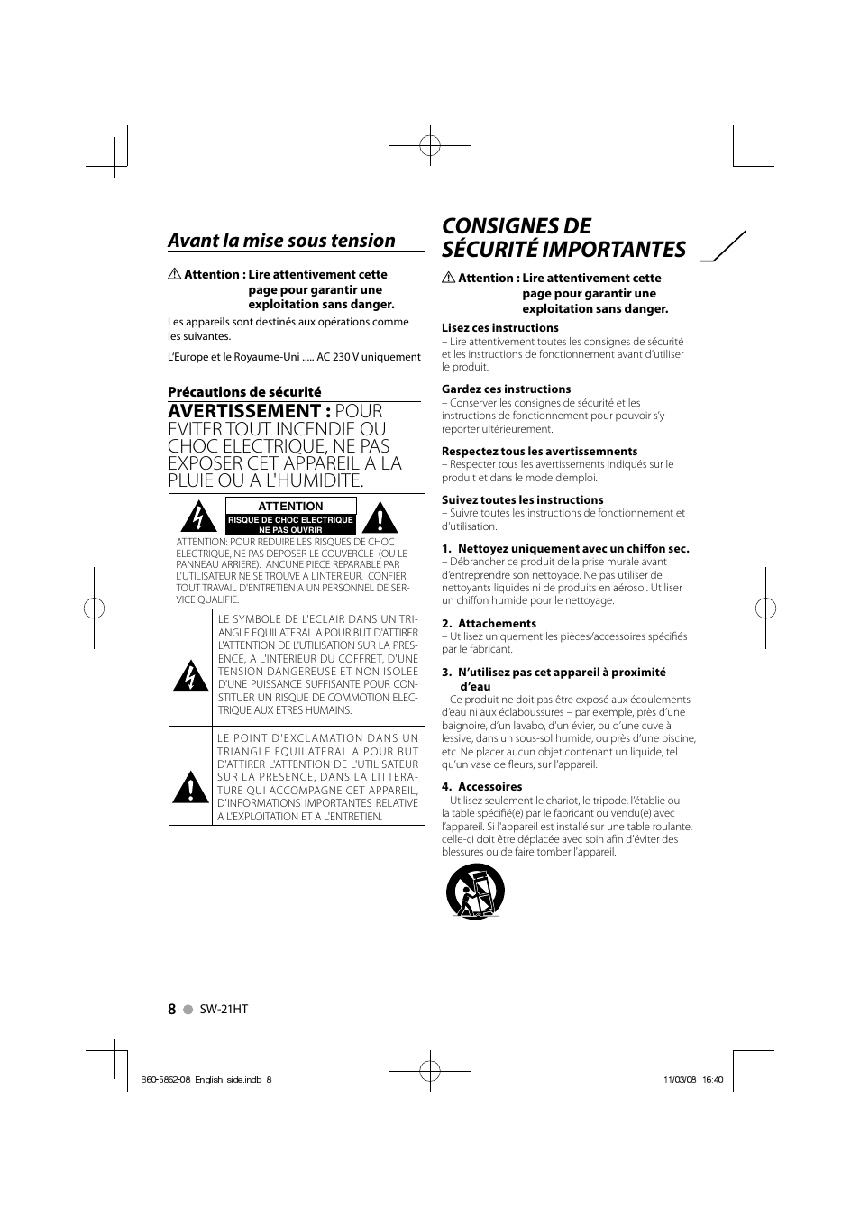 Consignes de sécurité importantes, Avant la mise sous tension | Kenwood SW-21HT User Manual | Page 8 / 40