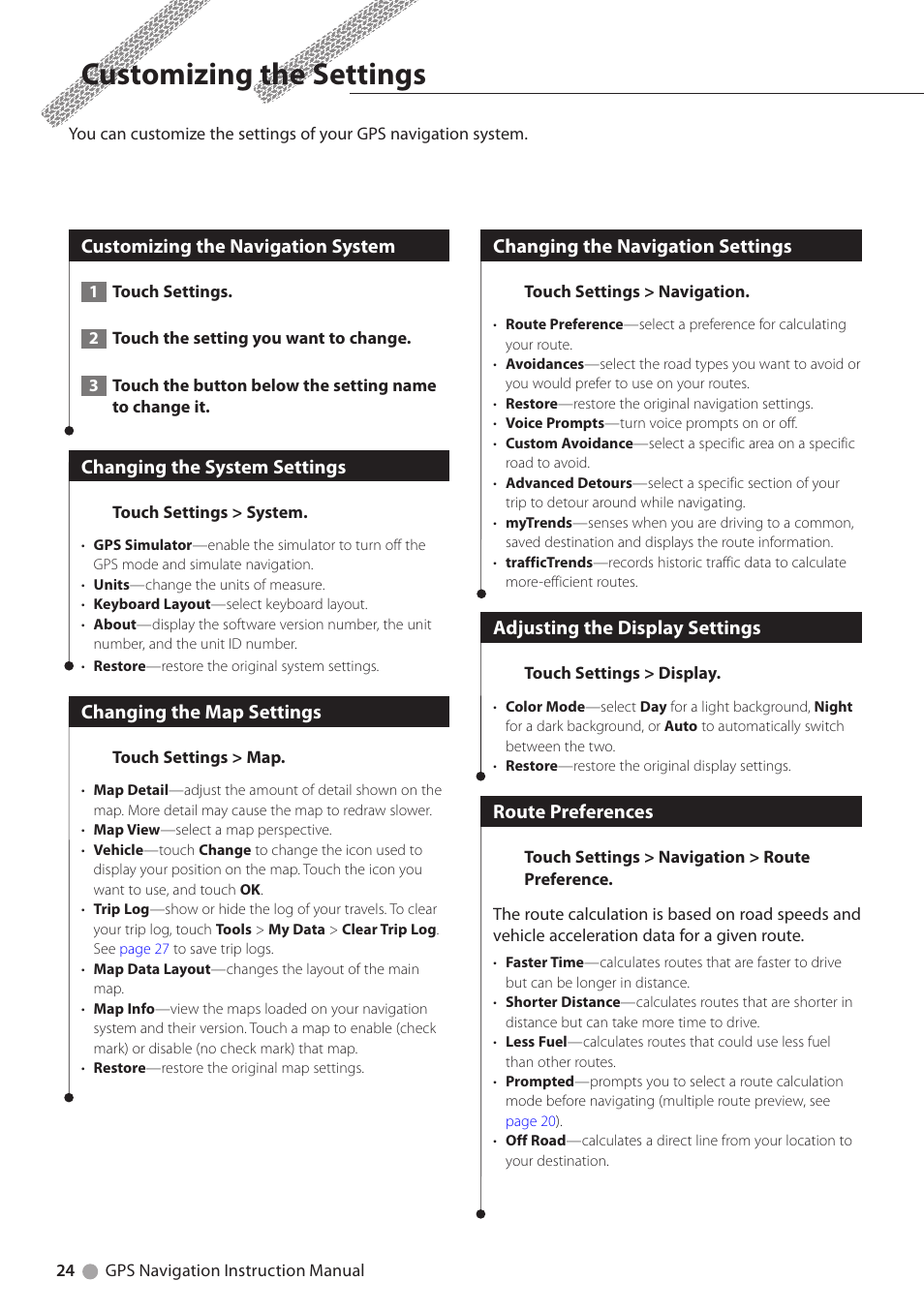 Customizing the settings, Customizing the navigation system, Changing the system settings | Changing the map settings, Changing the navigation settings, Adjusting the display settings, Route preferences | Kenwood DNX9210BT User Manual | Page 24 / 28