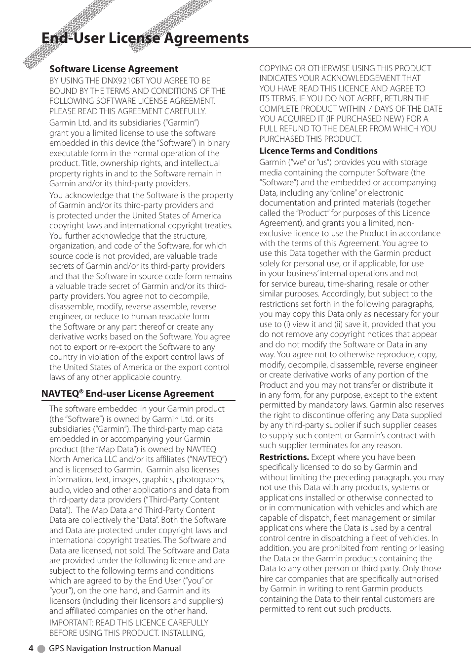 End-user license agreements | Kenwood DNX9210BT User Manual | Page 4 / 28