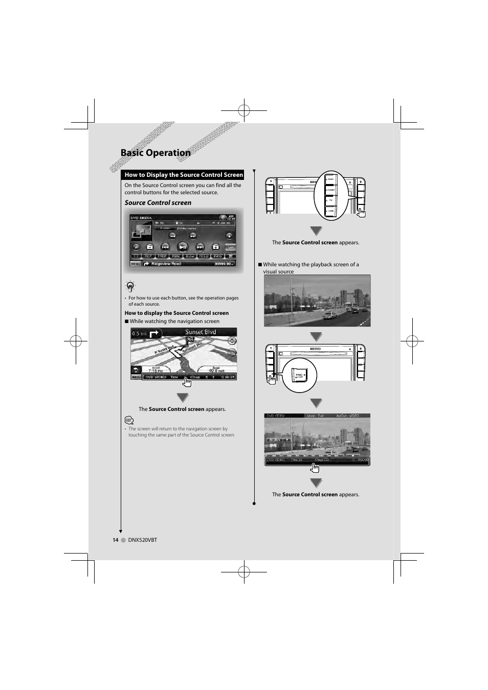 Basic operation, Source control screen | Kenwood DNX520VBT User Manual | Page 14 / 88