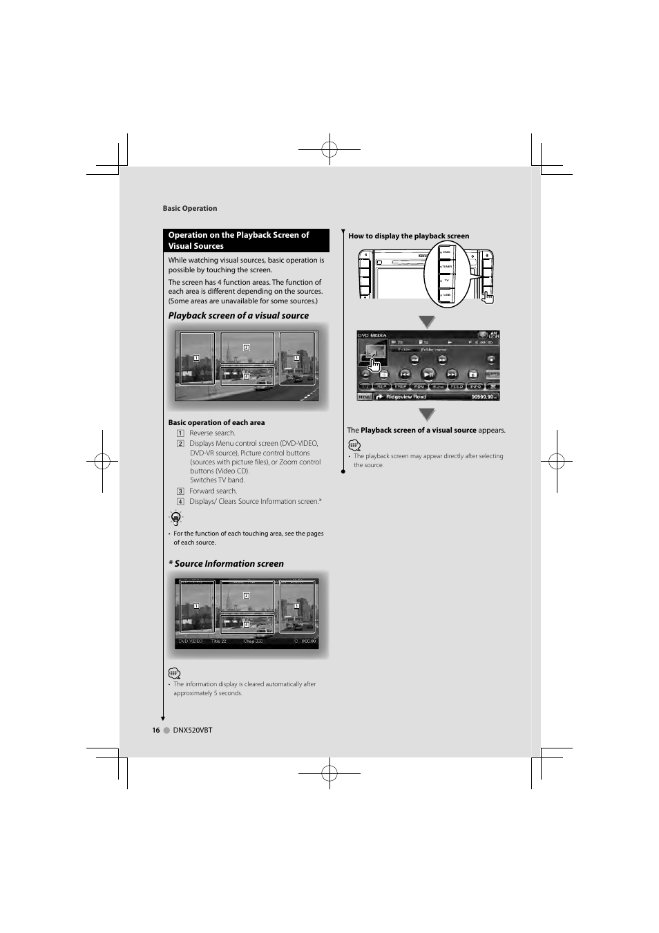 Playback screen of a visual source, Source information screen | Kenwood DNX520VBT User Manual | Page 16 / 88