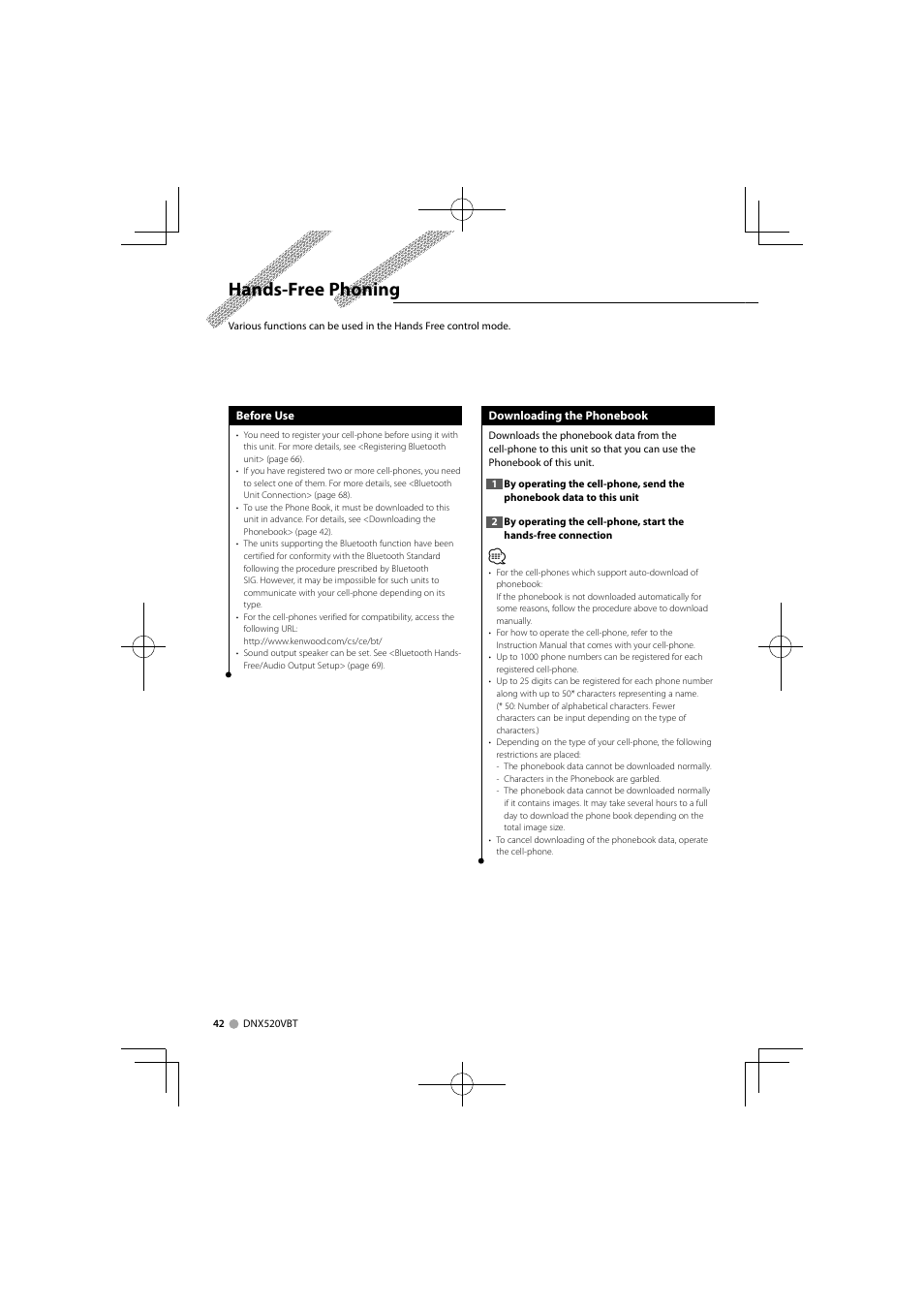 Hands-free phoning | Kenwood DNX520VBT User Manual | Page 42 / 88