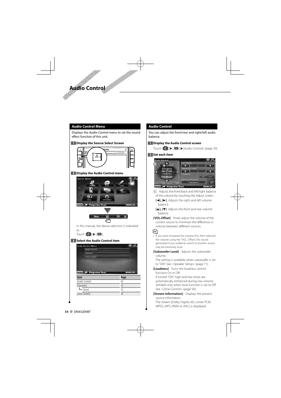 Audio control | Kenwood DNX520VBT User Manual | Page 54 / 88