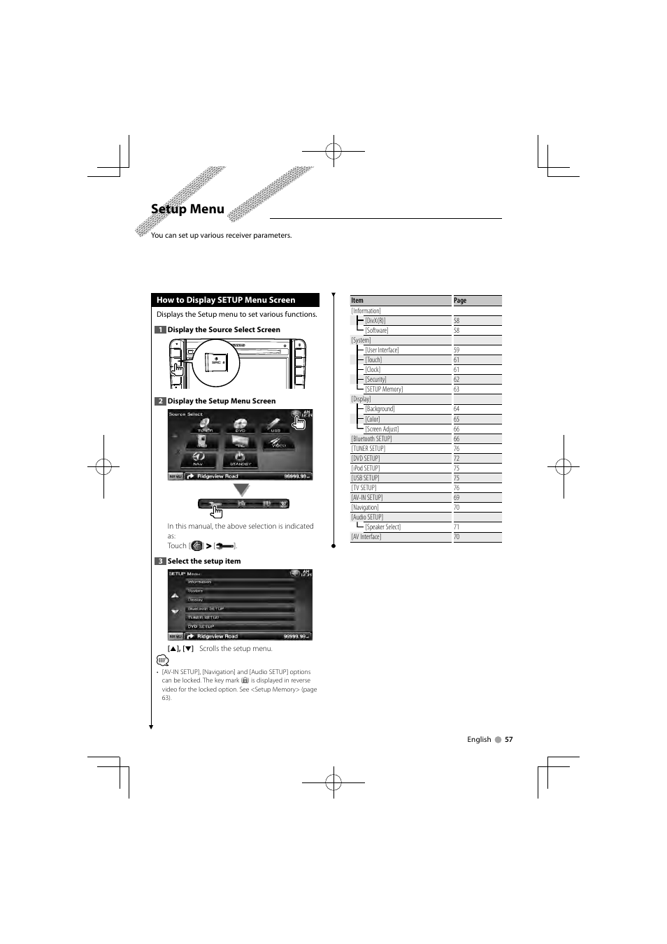 Setup menu | Kenwood DNX520VBT User Manual | Page 57 / 88