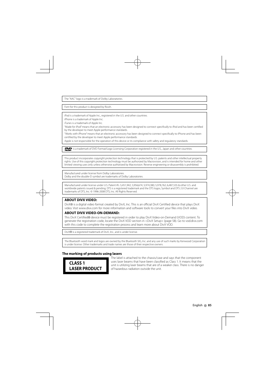 Class 1 laser product | Kenwood DNX520VBT User Manual | Page 85 / 88