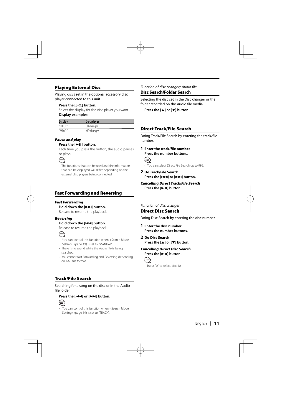 Playing external disc, Fast forwarding and reversing, Track/file search | Disc search/folder search, Direct track/file search, Direct disc search | Kenwood KOS-A200 User Manual | Page 11 / 28