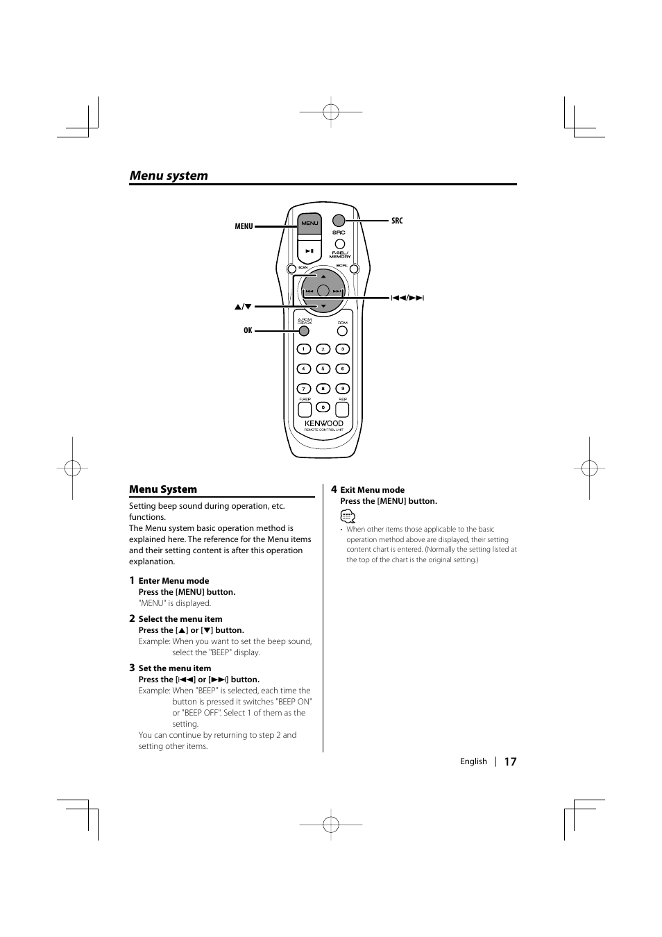 Menu system | Kenwood KOS-A200 User Manual | Page 17 / 28