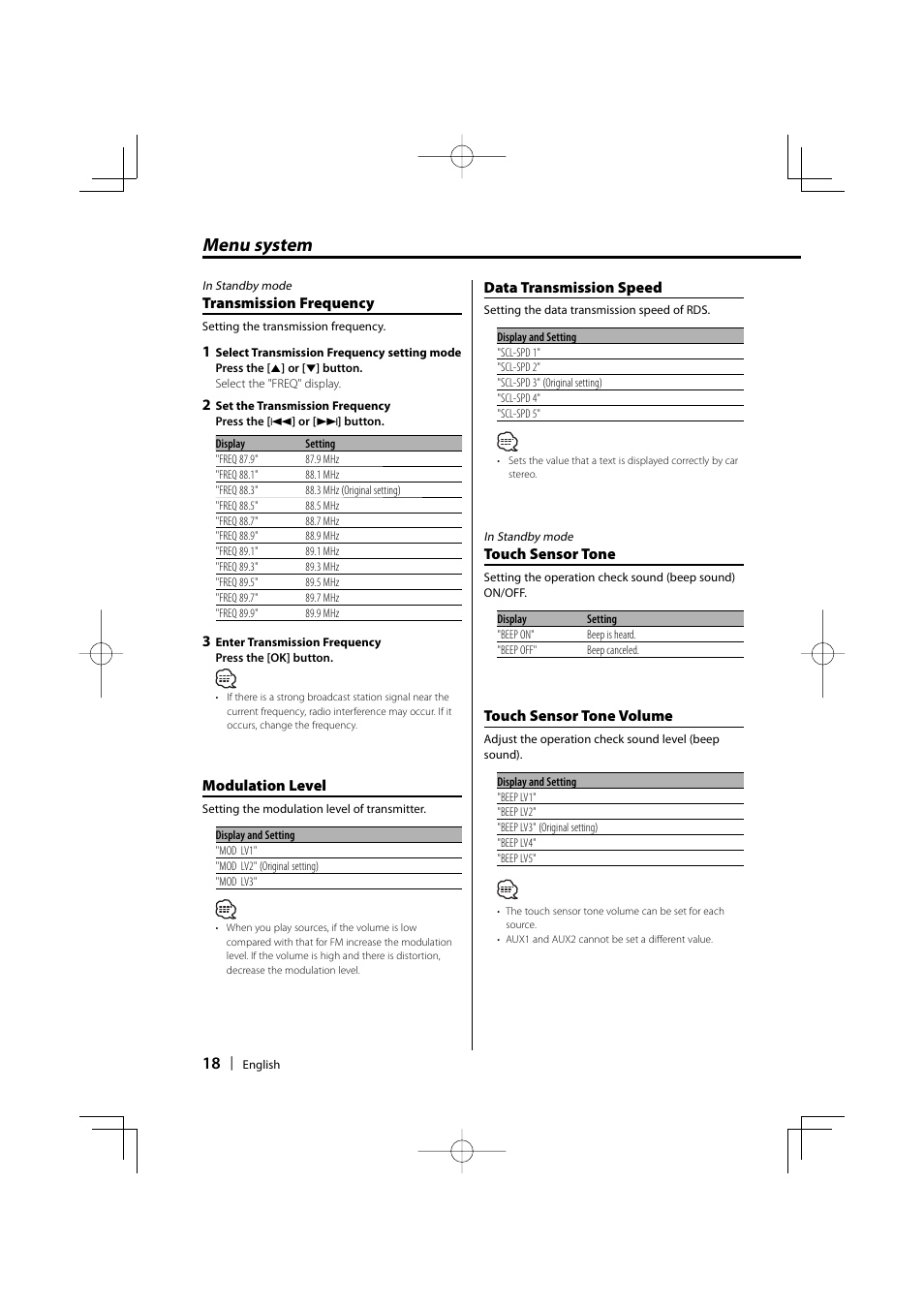 Menu system, Transmission frequency, Modulation level | Touch sensor tone, Touch sensor tone volume, Data transmission speed | Kenwood KOS-A200 User Manual | Page 18 / 28