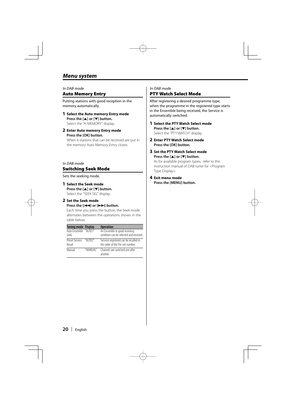 Menu system | Kenwood KOS-A200 User Manual | Page 20 / 28