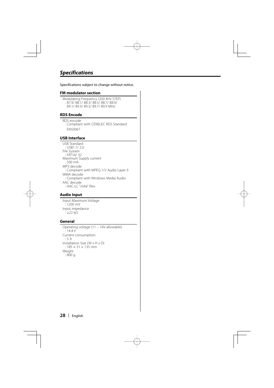 Specifications | Kenwood KOS-A200 User Manual | Page 28 / 28