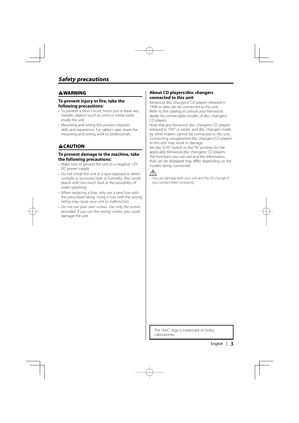 Safety precautions | Kenwood KOS-A200 User Manual | Page 3 / 28