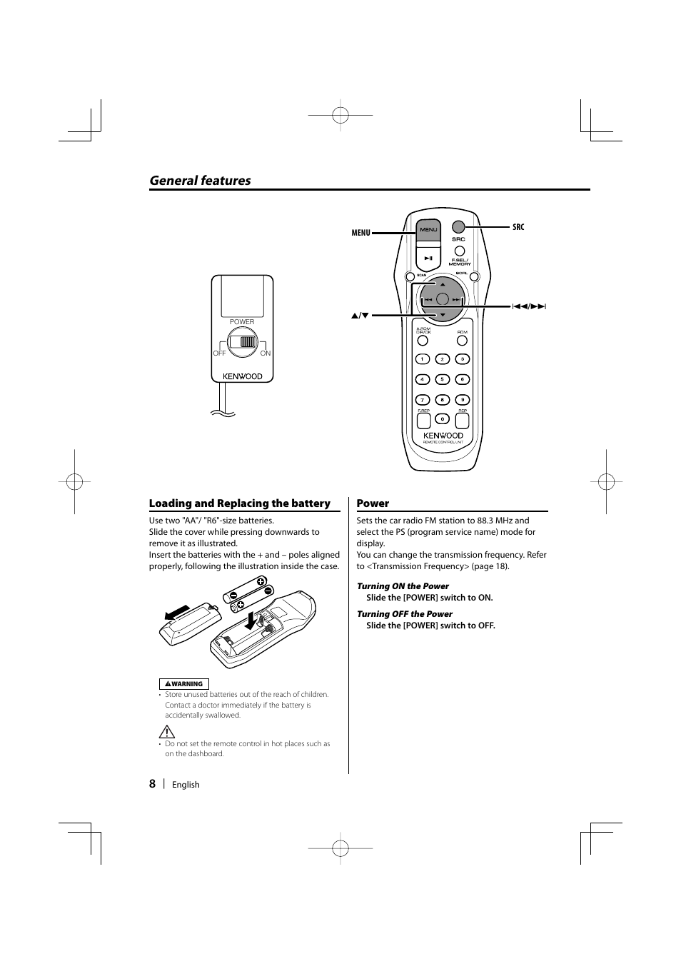 General features, Loading and replacing the battery, Power | Kenwood KOS-A200 User Manual | Page 8 / 28