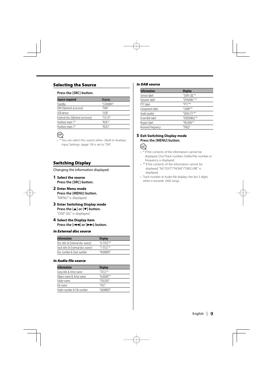 Selecting the source, Switching display | Kenwood KOS-A200 User Manual | Page 9 / 28