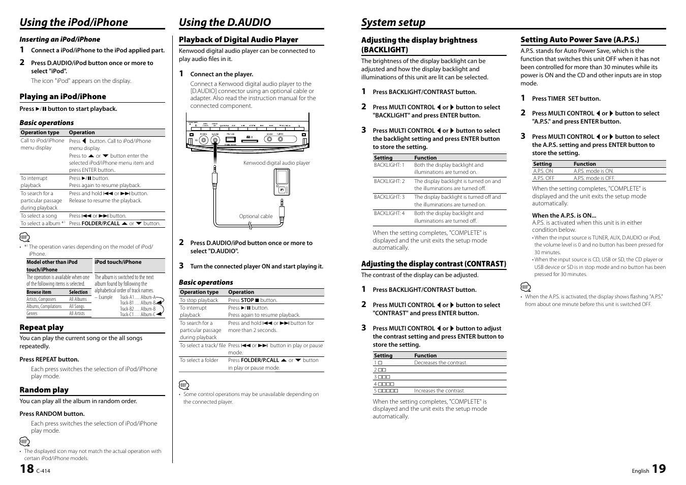 System setup, Using the d.audio using the ipod/iphone | Kenwood C-414-W User Manual | Page 10 / 13