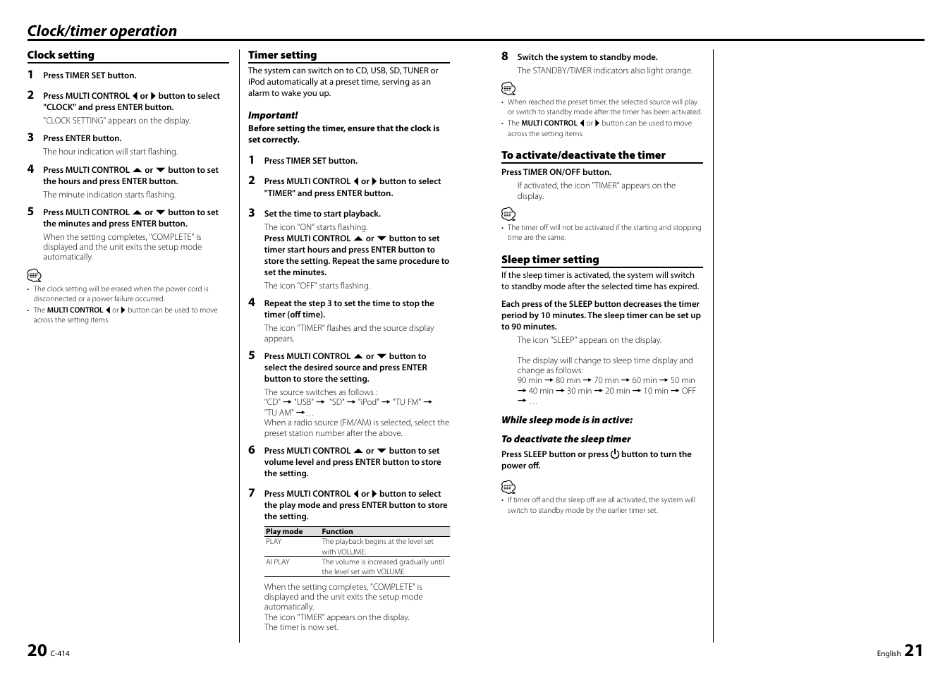 Clock/timer operation | Kenwood C-414-W User Manual | Page 11 / 13