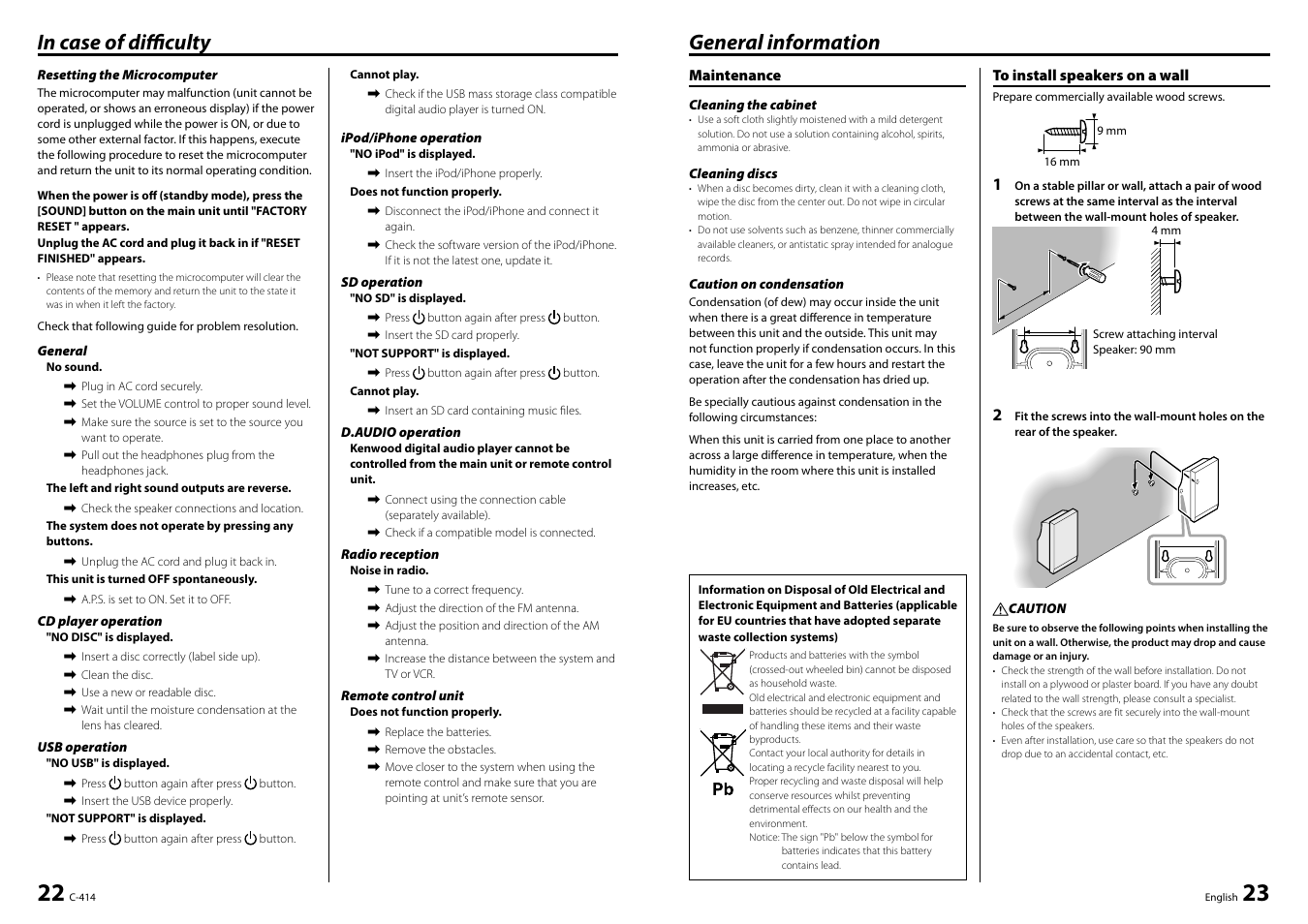 General information | Kenwood C-414-W User Manual | Page 12 / 13