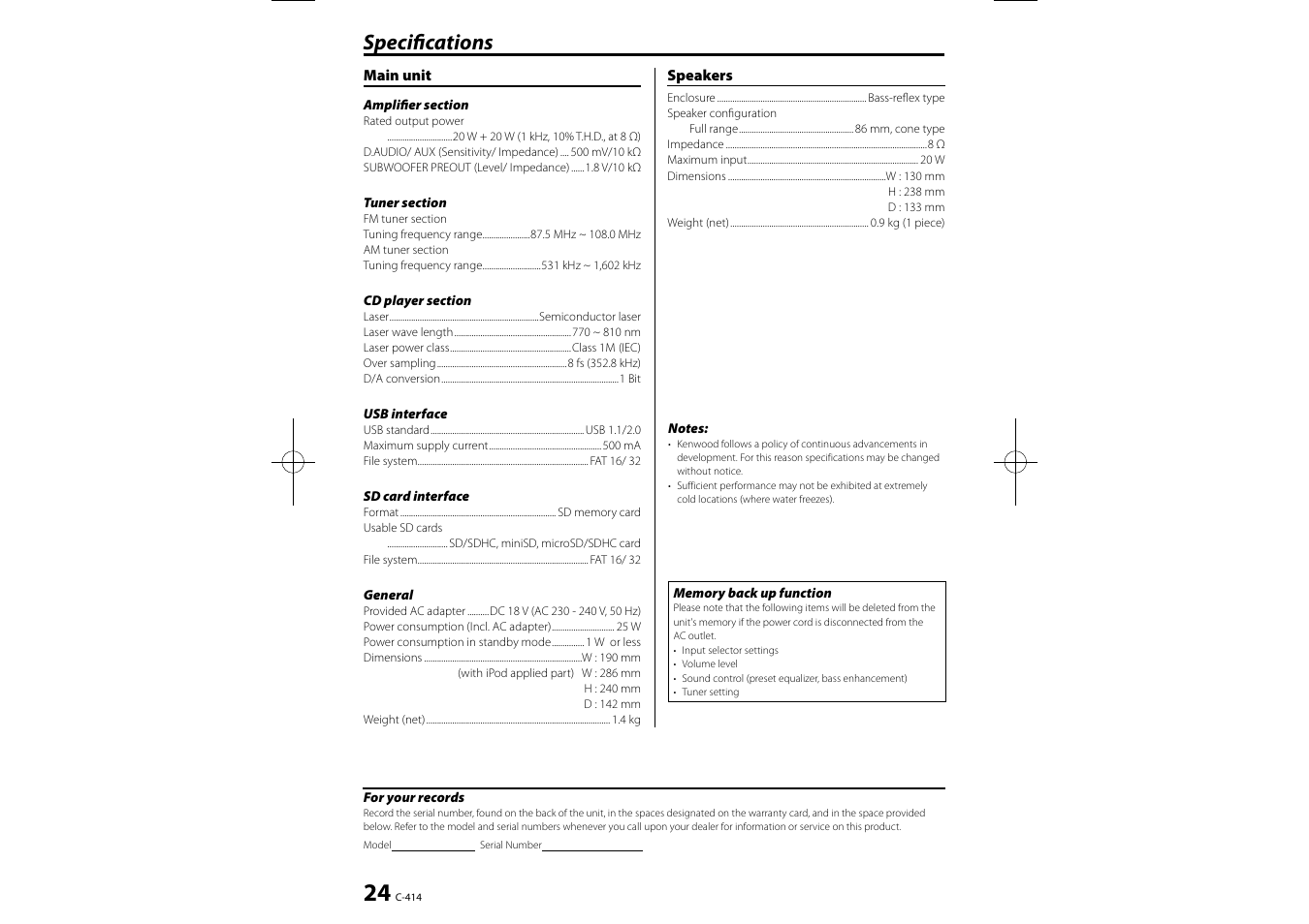 Specifi cations | Kenwood C-414-W User Manual | Page 13 / 13